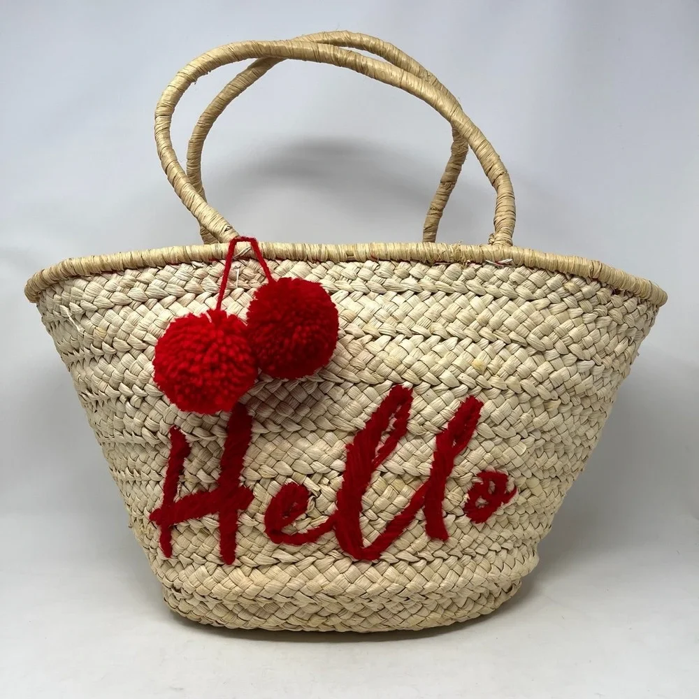 Straw Tote Bag Womens Large Raffia Hello Embroidery Pom Pom Tassel Beach Resort‎